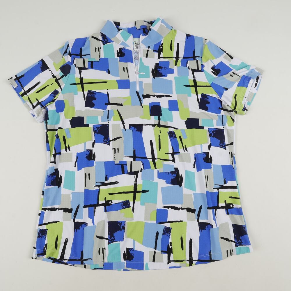 IBKUL Womens XL Short Sleeve Mock Neck 1/4 Zip Polo Shirt Top Geometric UPF50